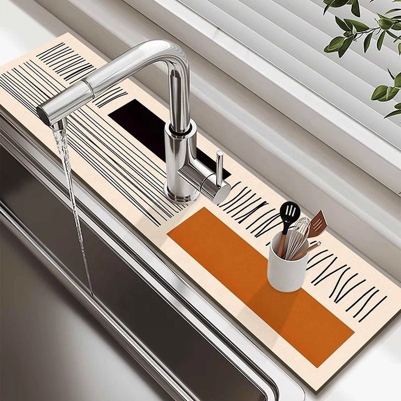 New Arrival Custom Logo Kitchen Faucet Mat Sink Draining Pad Behind Water Absorbent Faucet Dish Drying Mat