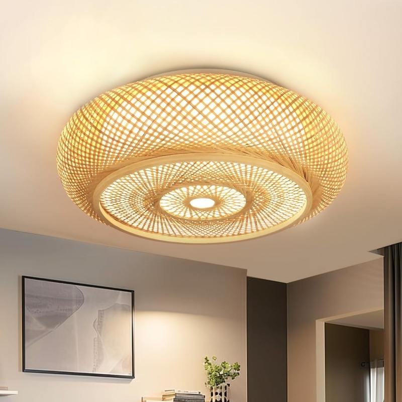 Bamboo Woven Rattan Ceiling Light Boho Hanging Pendant Lamp Flush Moun Light Fixture for Bedroom Living Room Dining Room Light