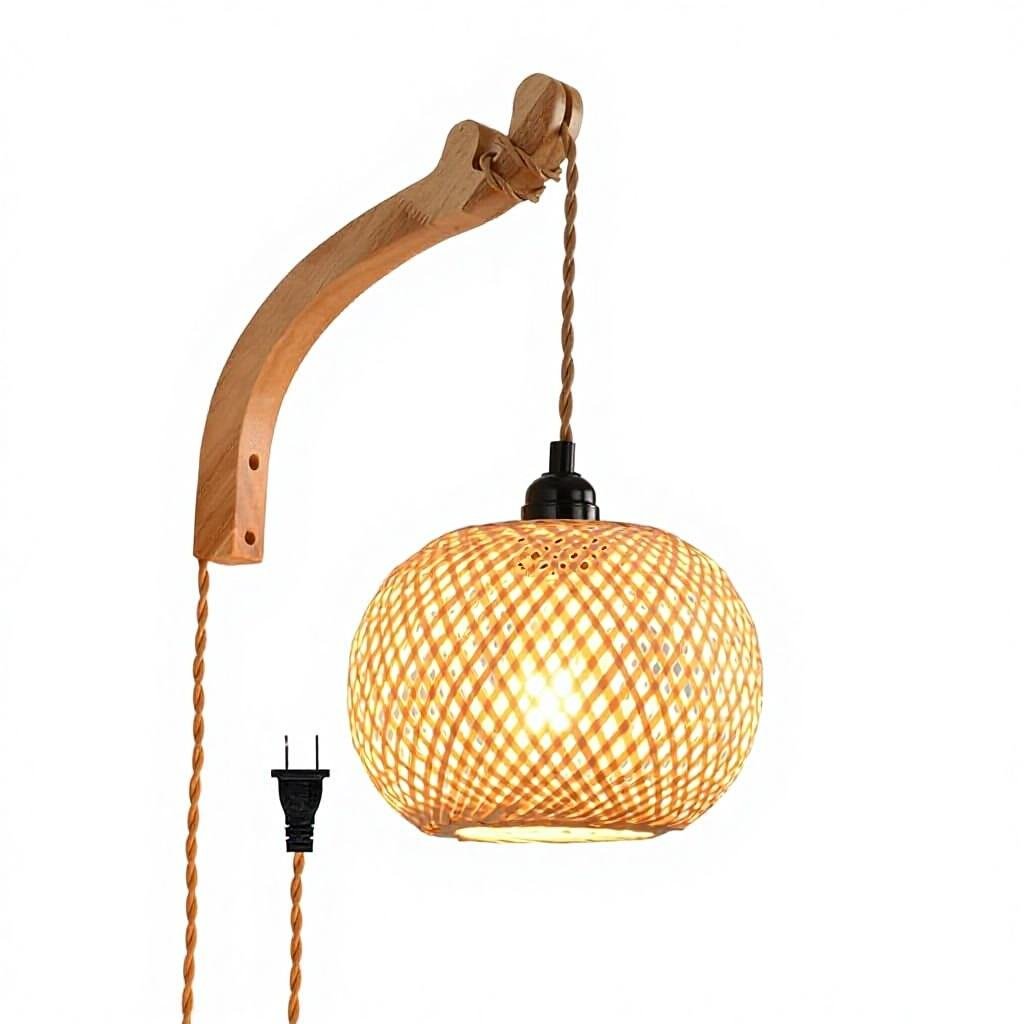 Modern Wicker & Rattan Hand Woven Plug-in Wall Sconce Wood Lamp Body Beige Shade for Living Room Bedroom