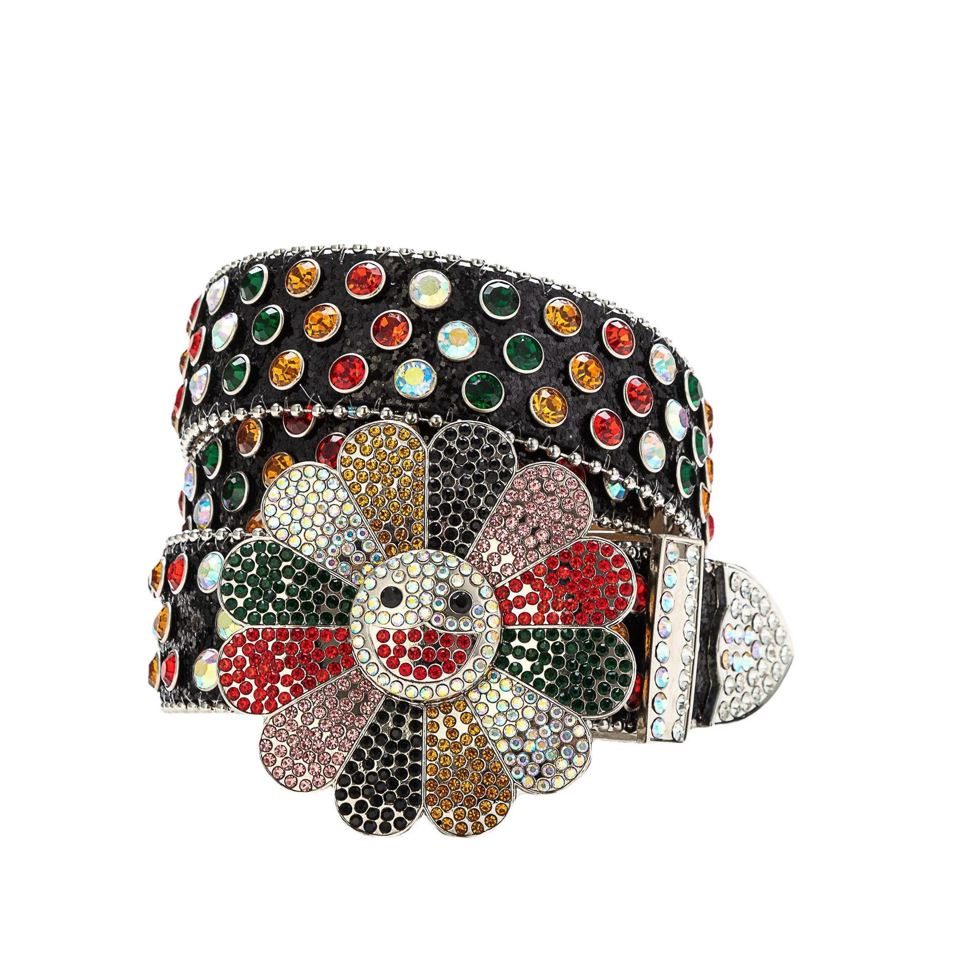 Customize Rotatable Smile Flower Buckle Women Punk Fashion PU Leather Crystal Studded Rhinestone BB Belt for Ladies Dress