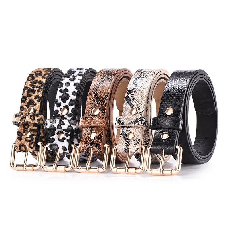 Factory Custom Design Wholesale Fashion Cheap Leopard Print Women's PU Leather Dress Belt with Gold Pin Buckle
