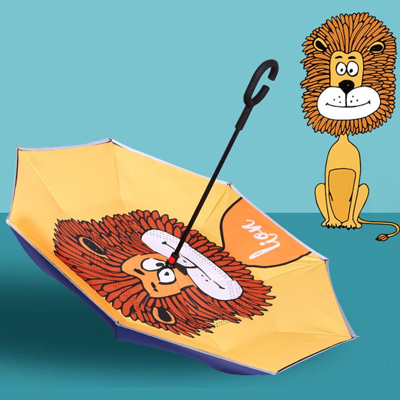 Cartoon Lion Printing Double Layer Reverse Inverted Umbrella C Shape Handle Waterproof Windproof Fully-Automatic Opening 190T