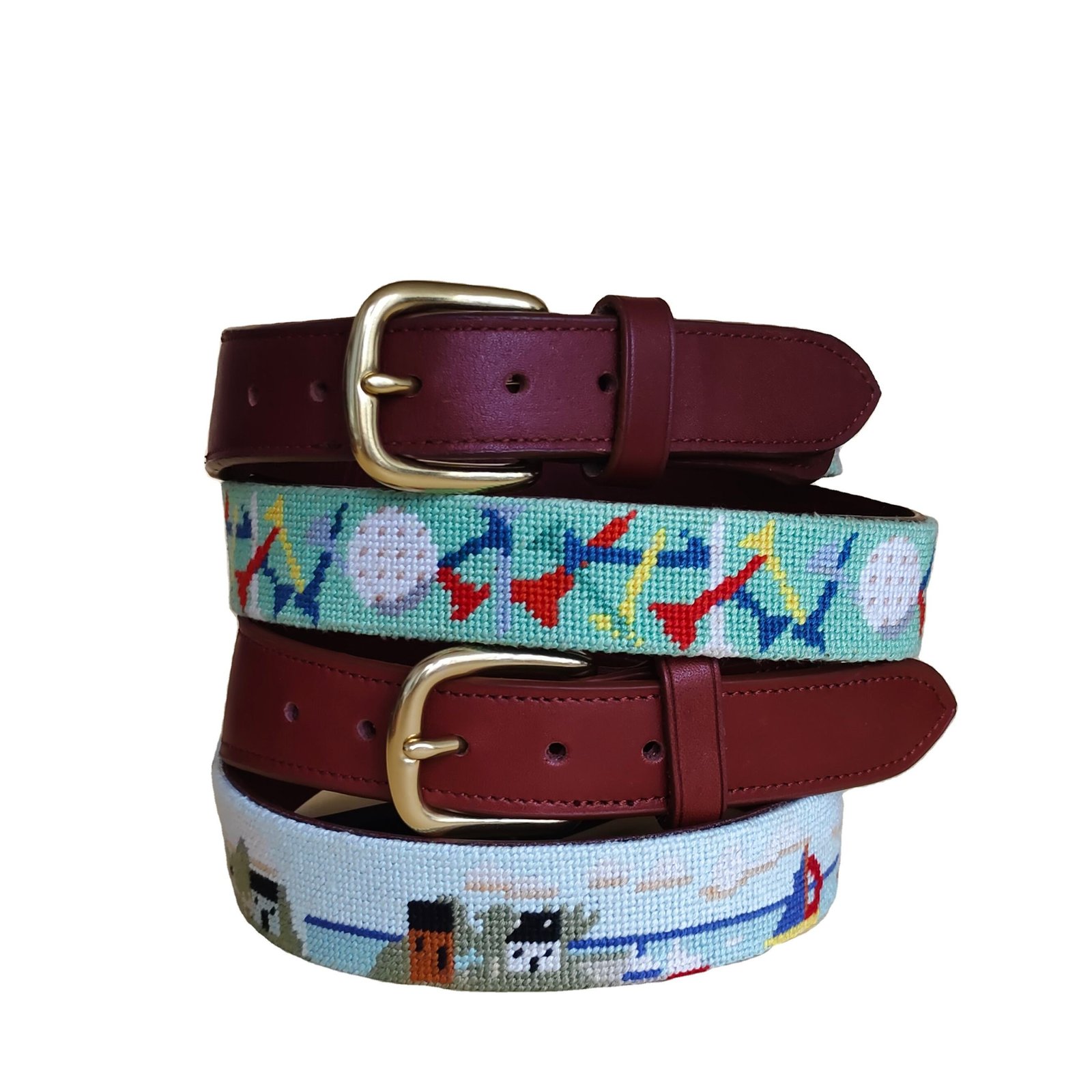 Golf Sporty Custom Design Fashion Needlepoint Belt Cowhide Cow Leather Buckle Metal