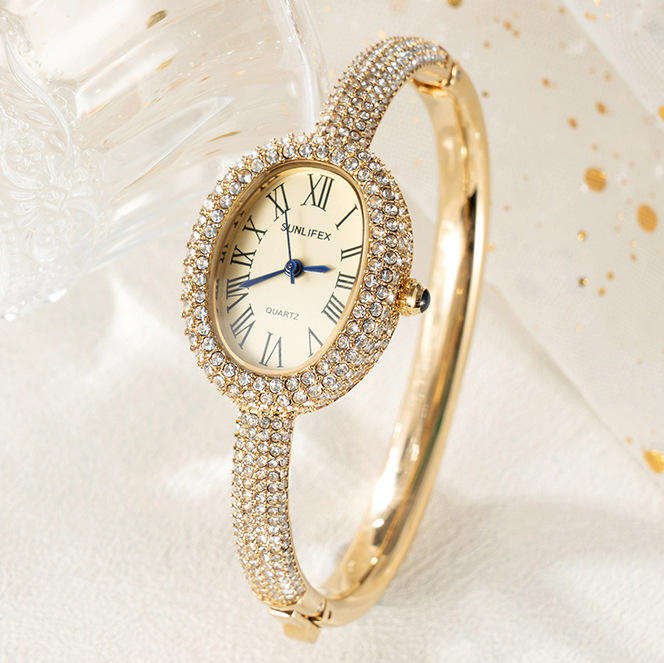 SUNLIFEX QT1043 Luxury Oval Bathtub Bracelet Watch for Women Full Diamond Inlaid Fashion Quartz Wristwatch Wholesale Hot Sale