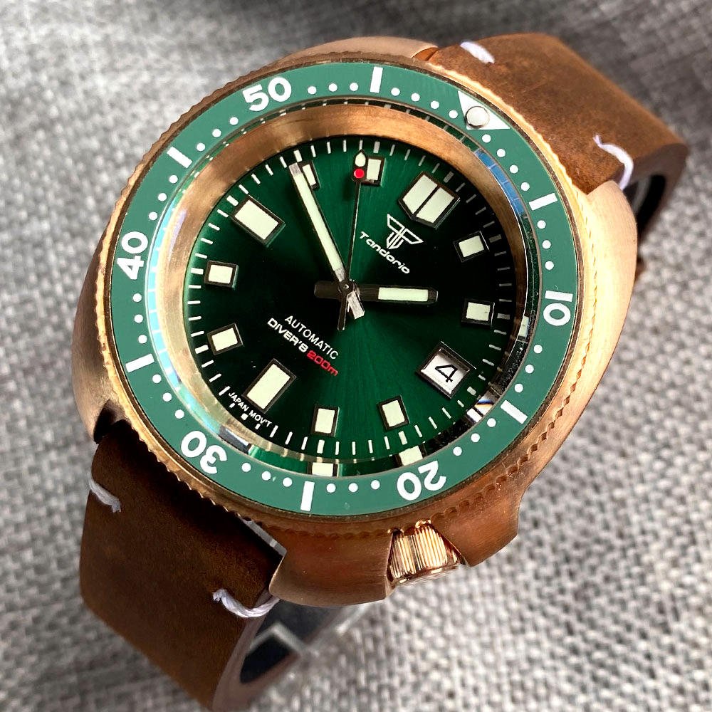 Diving 20Bar Real CUSN8 Bronze Case Mechanical Watch for Men Turtle NH35A Wristwatch Sunburst Green Sports Watches Montre Homme