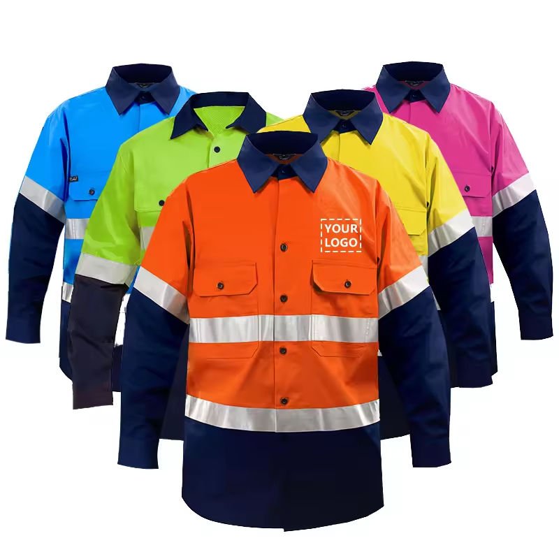 En20471 Cotton Construction Mining Industrial Worker Uniform Workwear Custom Logo Reflective Safety Clothes Hi Vis Work Shirts
