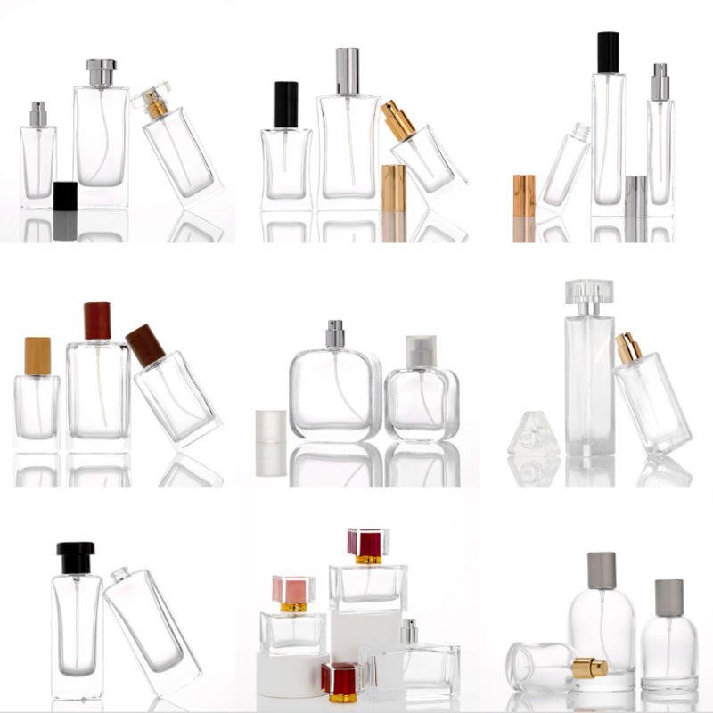 Custom Design 50ml Empty Glass Perfume Bottle Luxury Flat Pump Spray Gold Cap Fragrance Refillable Bottle