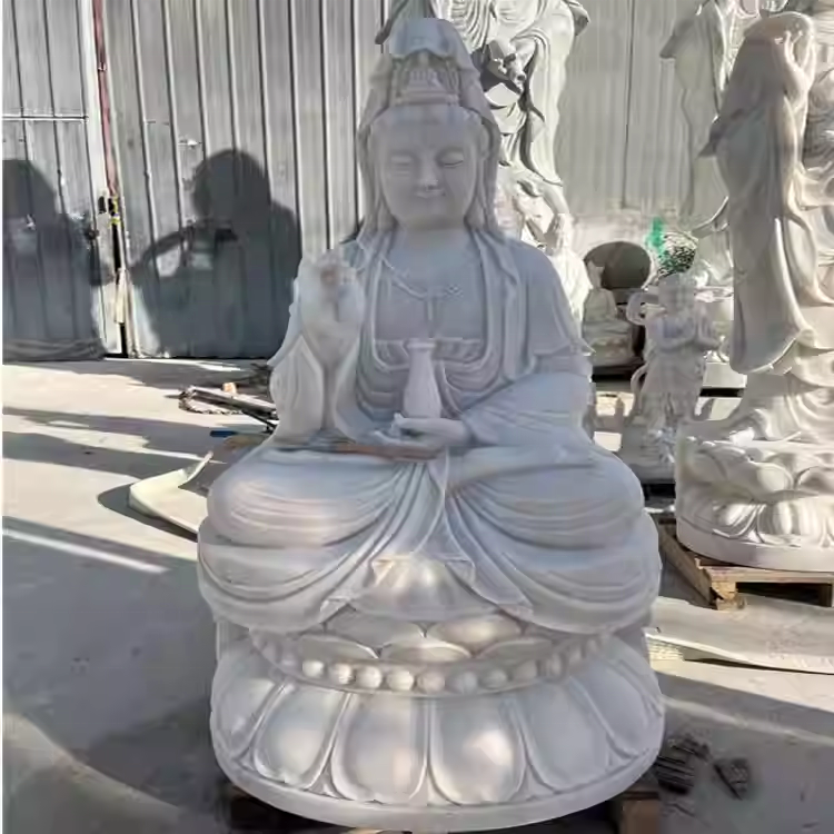 White Marble Guanyin Statue Hand Carved Seated Kwan Yin Sculpture for Garden Temple Decor