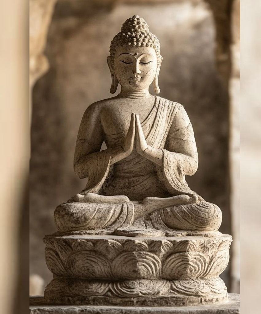 Antique Style Stone Seated Buddha Sculpture Hand Carved Praying Buddha Statue for Garden Temple Deco
