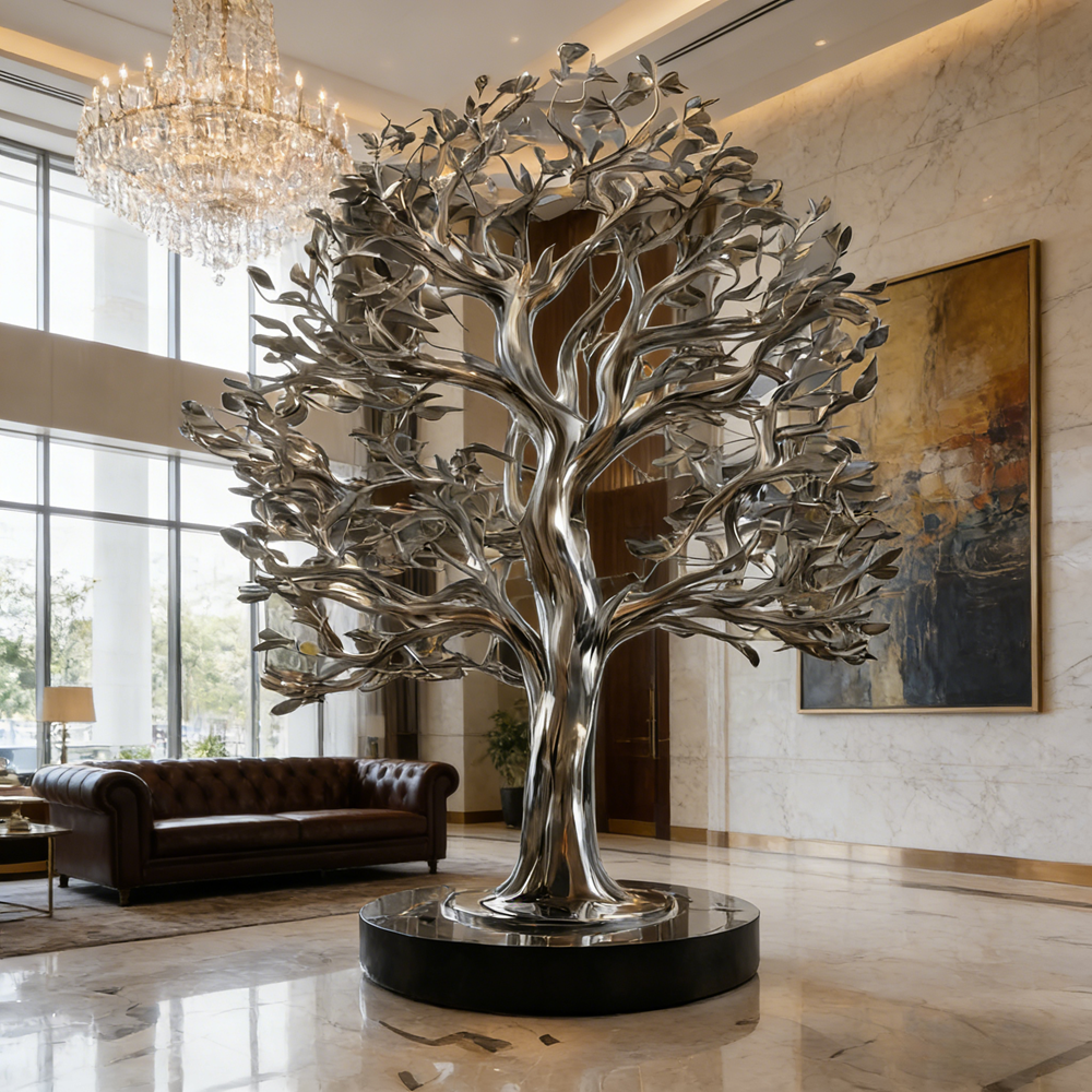 High Quality Custom Stainless Steel Trees Sculpture Polished Metal Art Statue for Outdoor Hotel Lobby Decoration