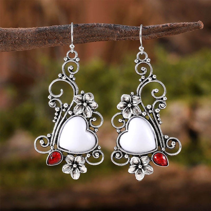 Retro Boho Antique Silver Plated Vine Flower Earrings Party Earrings Noble Elegant Red Gem White Heart Drop Earrings for Women