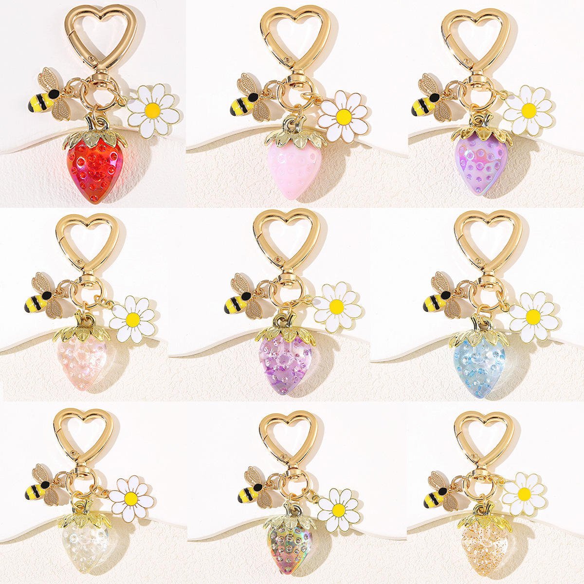 2025 Cute Strawberry Bag Charms Keychain Purse Accessories Charm for Women Handbags Kawaii Flower Bee Car Key Chain