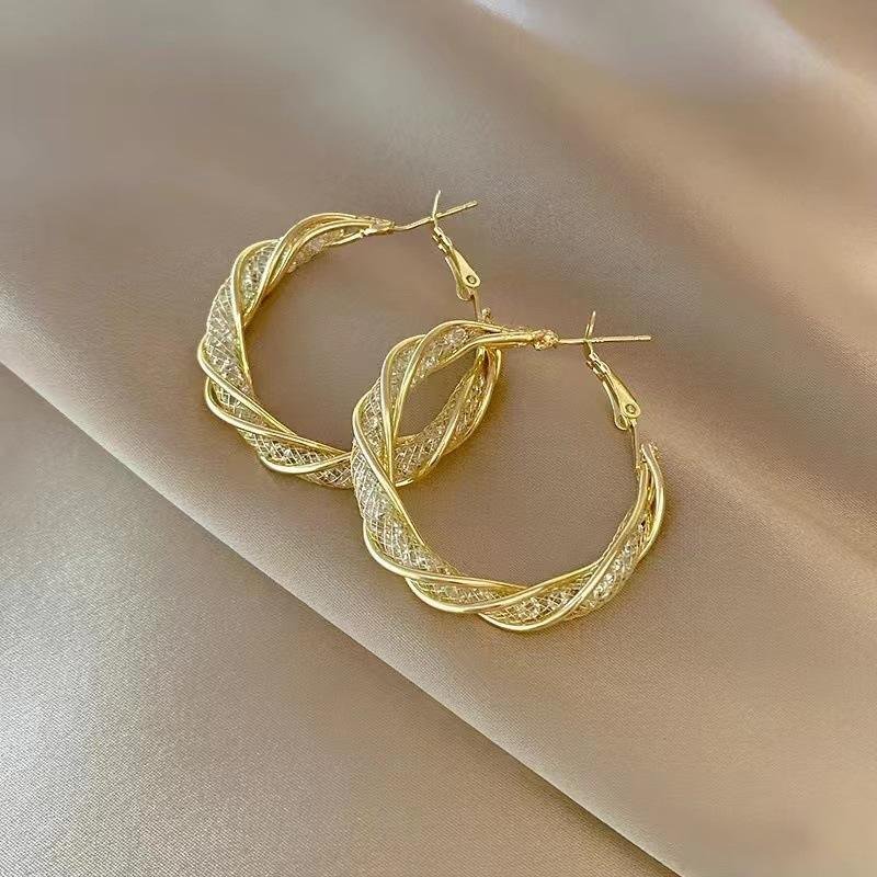 New Trendy Gold Plated Mesh Clip on Earrings Women's Irregular Silver Post Crystal Big Hoop Earrings