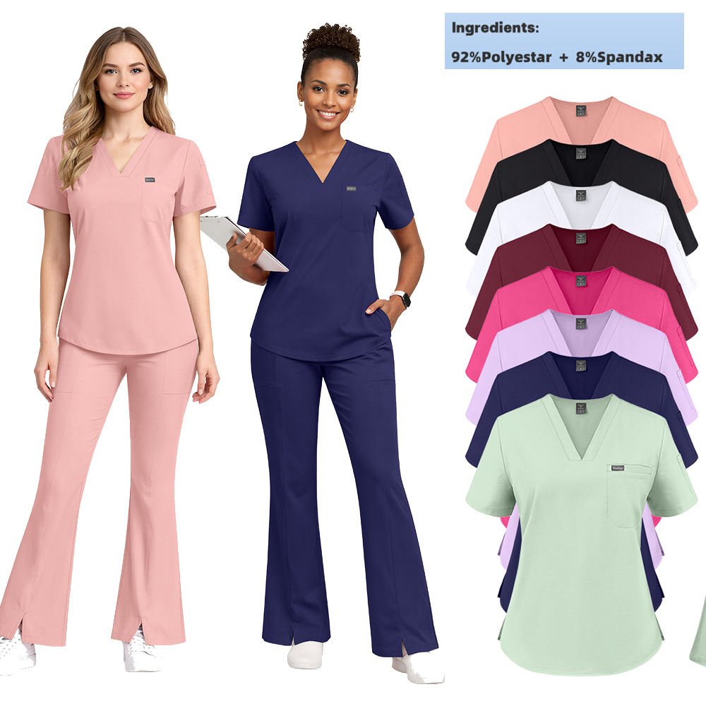 Bestselling Modern Flare Cut High-Durable Spandex/Polyester Worsted Blend Stylish Womens Slim-Fit Fashion Hospital Scrub Sets