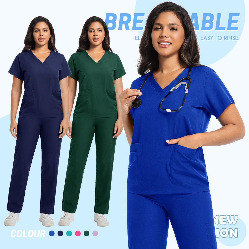New Quick-Drying Breathable Comfortable Knitted Scrub Suit V Neck Soft Nursing Scrubs Two-Piece Set Beauty Salon Short Sleeve