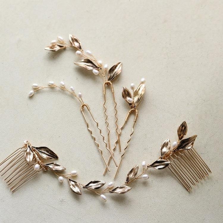 Original Design Antique Style Metal Leaves Freshwater Pearl Hair Comb Hair Pin Bridal Headdress Wedding Accessories