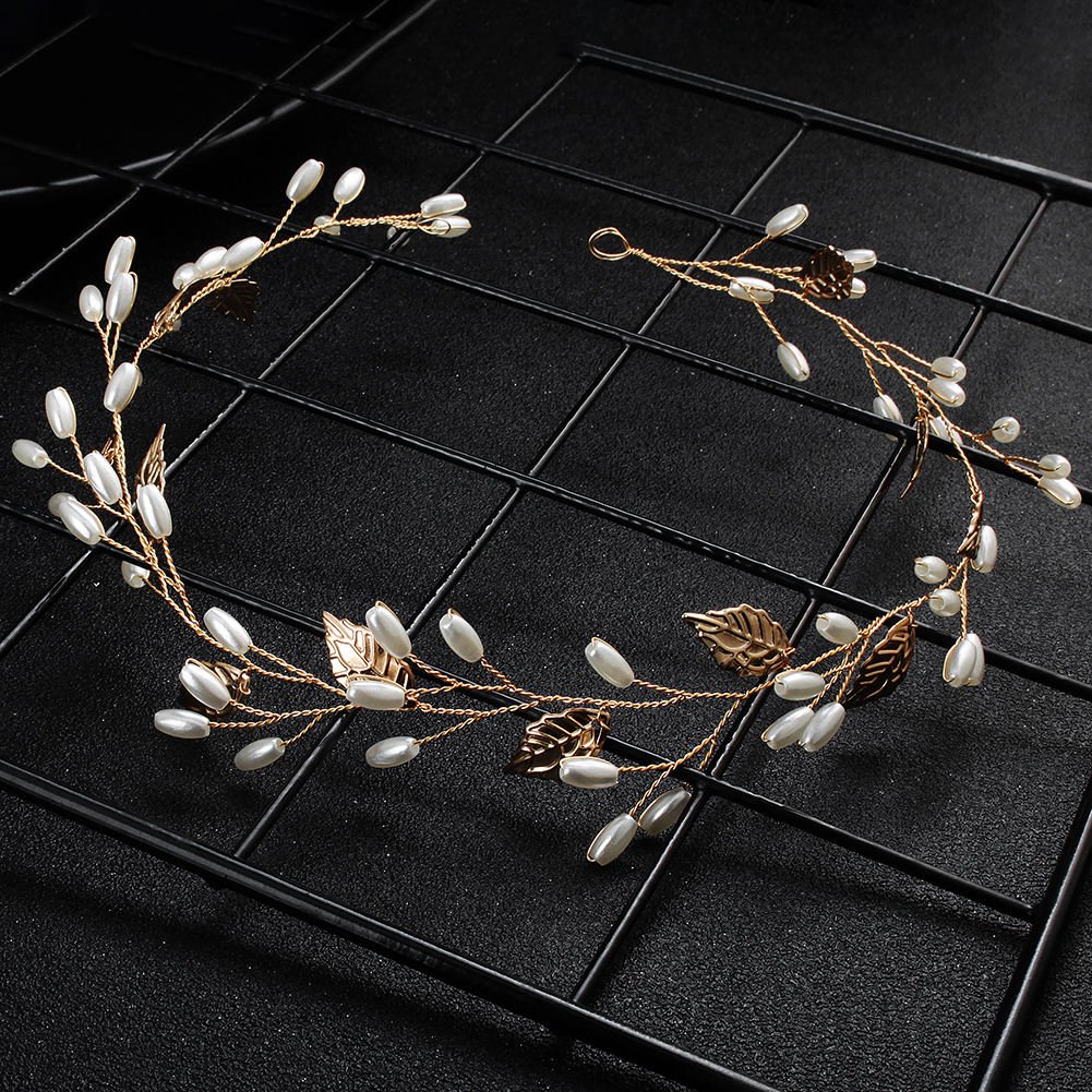 Alloy Leaf Pearls Headband Crown Wedding Hair Vine Jewelry Accessories Headpieces Tiaras for Women