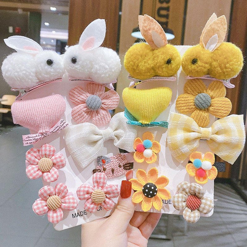 Korean 9pcs/Set Cartoon Hair Clip Princess Sweet Rabbit Bow Hairgrips Set Baby Hair Decoration Hairpin Clip KNIT Material