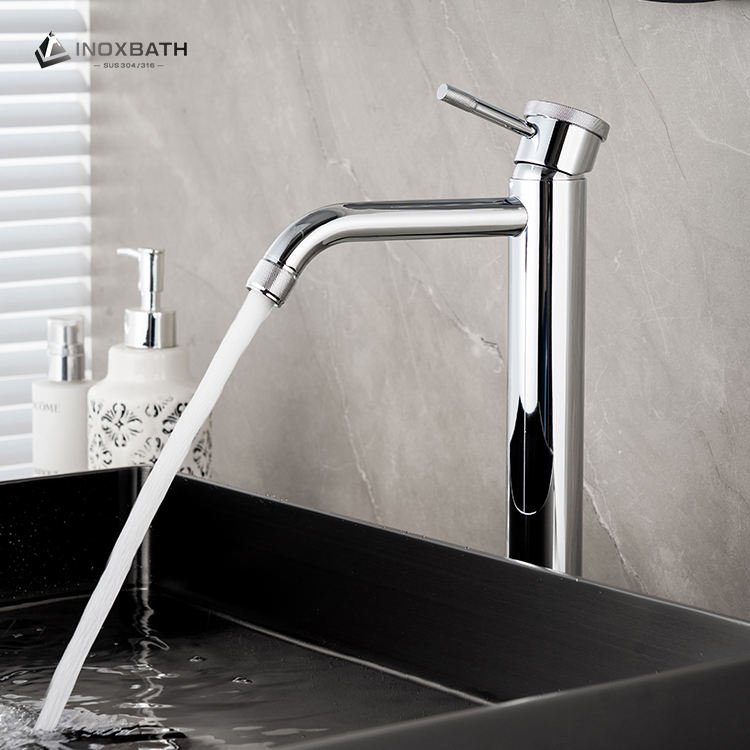 Chrome One Hole High Bathroom Vessel Sink Faucet Kurnling Single Hole Single Handle SUS304 Basin Tap with Water Supply Line