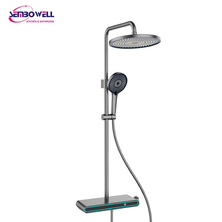 Luxury Digital Thermostatic Brass Rainfall Shower System Soft Slide Bar LED Display Modern Bathroom Shower Column Set Gunmetal