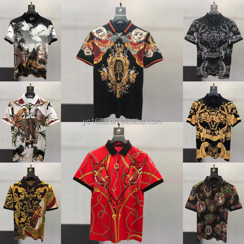 Summer Men's Cotton Polo Shirt Slim Fit Casual Short Sleeve Heavy Print Contrast Color Breathable Cool Knit Top