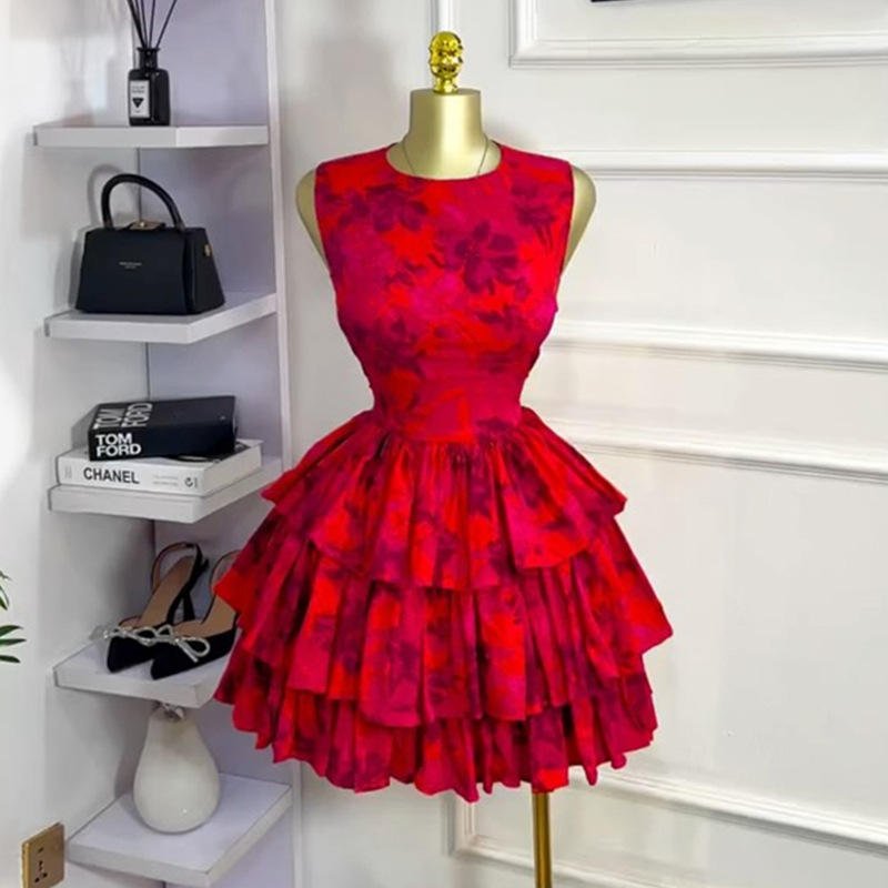 European and American Women's 2026 Summer New Sweet and Fresh Printed Collar Sleeveless High Waisted Women's Casual Dress