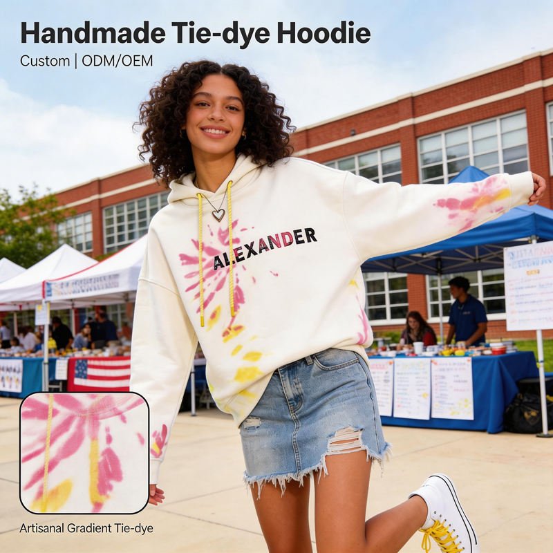 White Geometric Tie Dye Knitted Breathable Hoodie with Oversized Drawstring Casual Autumn Streetwear Pullover ODM