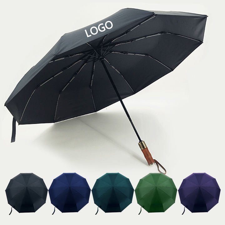 Full Automatic Travel Umbrella Wooden Electroplated Plastic Handle PU Coated Pongee Fabric UV Protection Custom Logo 105cm Open