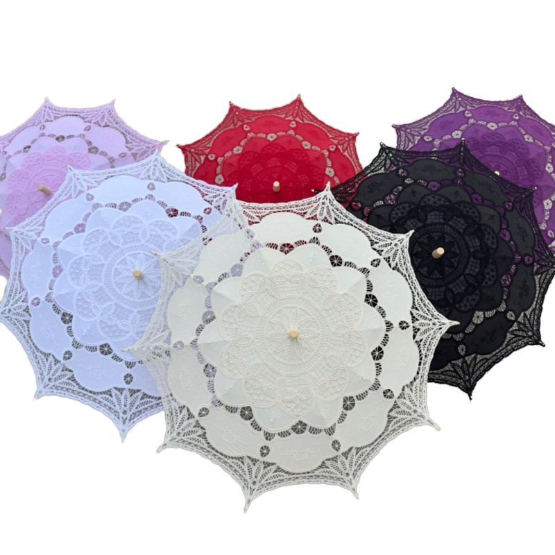 New Straight Embroidery Lace Cotton Victorian Folding Manual Umbrella with Alloy Ribs for Wedding Parasol