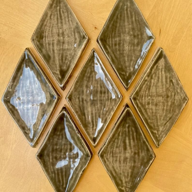 Handmade Modern Style Glazed Ceramic Clay Concave Diamond Tiles Warm Glossy Brown Custom Backsplash for Bathroom Wall Table Top