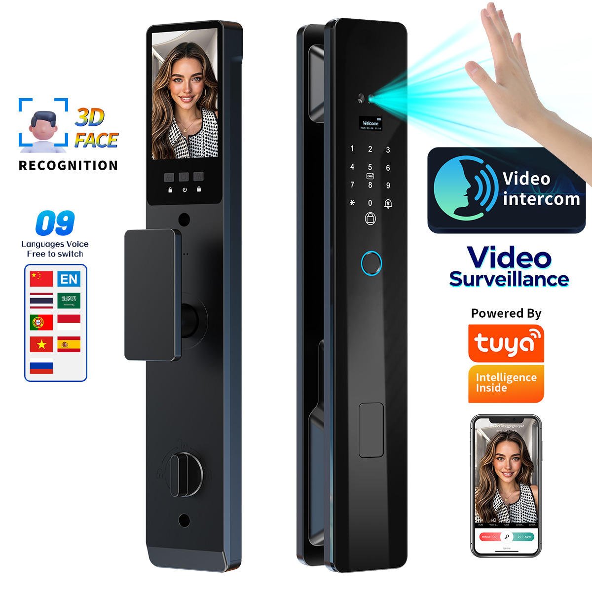 HanDaily Video Call Intercom Keyless Entry Palm Face Recognition Smart Lock Smart Door Lock with Camera and Fingerprint