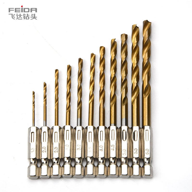 FEIDA Customized High Speed HSS Twist Drill Bit Titanium-Plated Straight Stainless Steel Metal Bit M2 Hexagonal Handle for