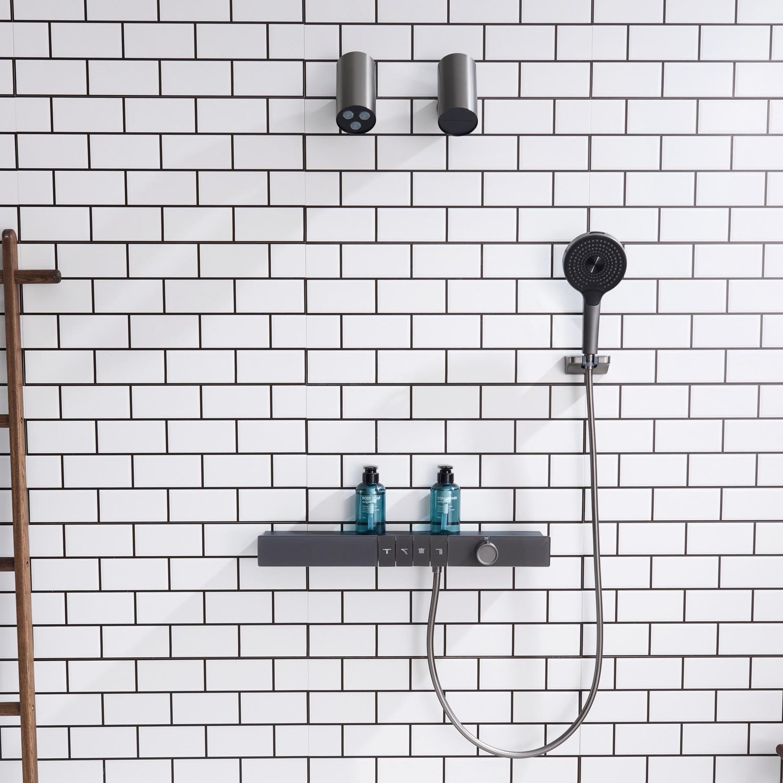 Wall Mounted Concealed Gun Metal Gray Shower System Multifunctional Digital Display Thermostat Shower Head with Storage Rack