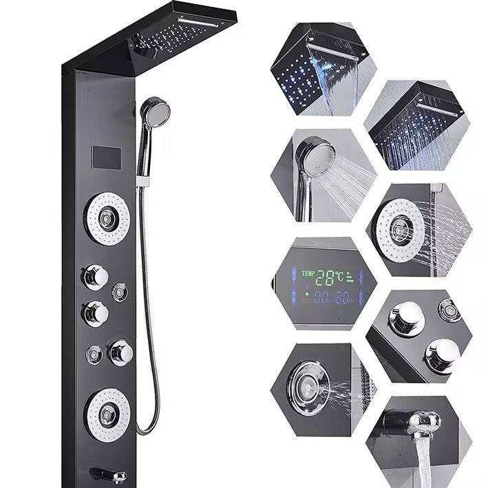 Hot Selling Brushed Stainless Steel Wall Mounted LED Shower Panel Thermostatic Faucets Waterfall Rain Pattern Ceramic for Hotels
