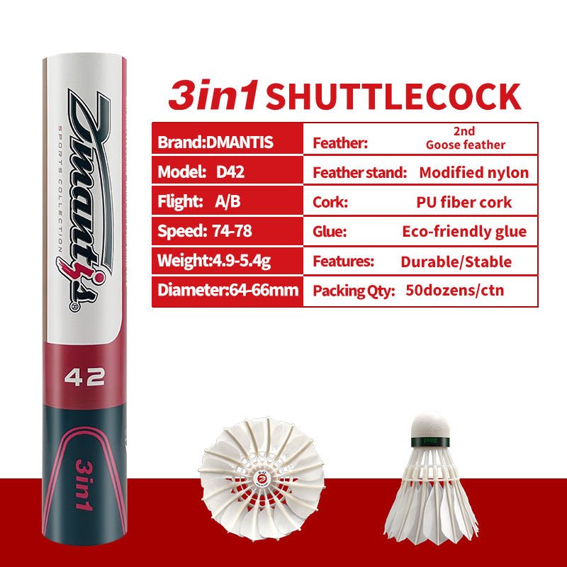 Dmantis D42 Professional Training 3in1 Shuttlecock High Level Goose Feather Shuttlecock D42 Model PU Fiber Cork Export Quality