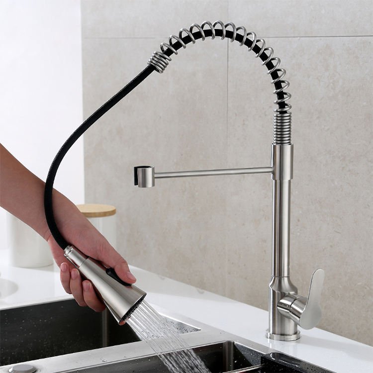 304 Stainless Steel Modern Single Handle Kitchen Faucet with Pull-Down Sprayer and Flexible Spout