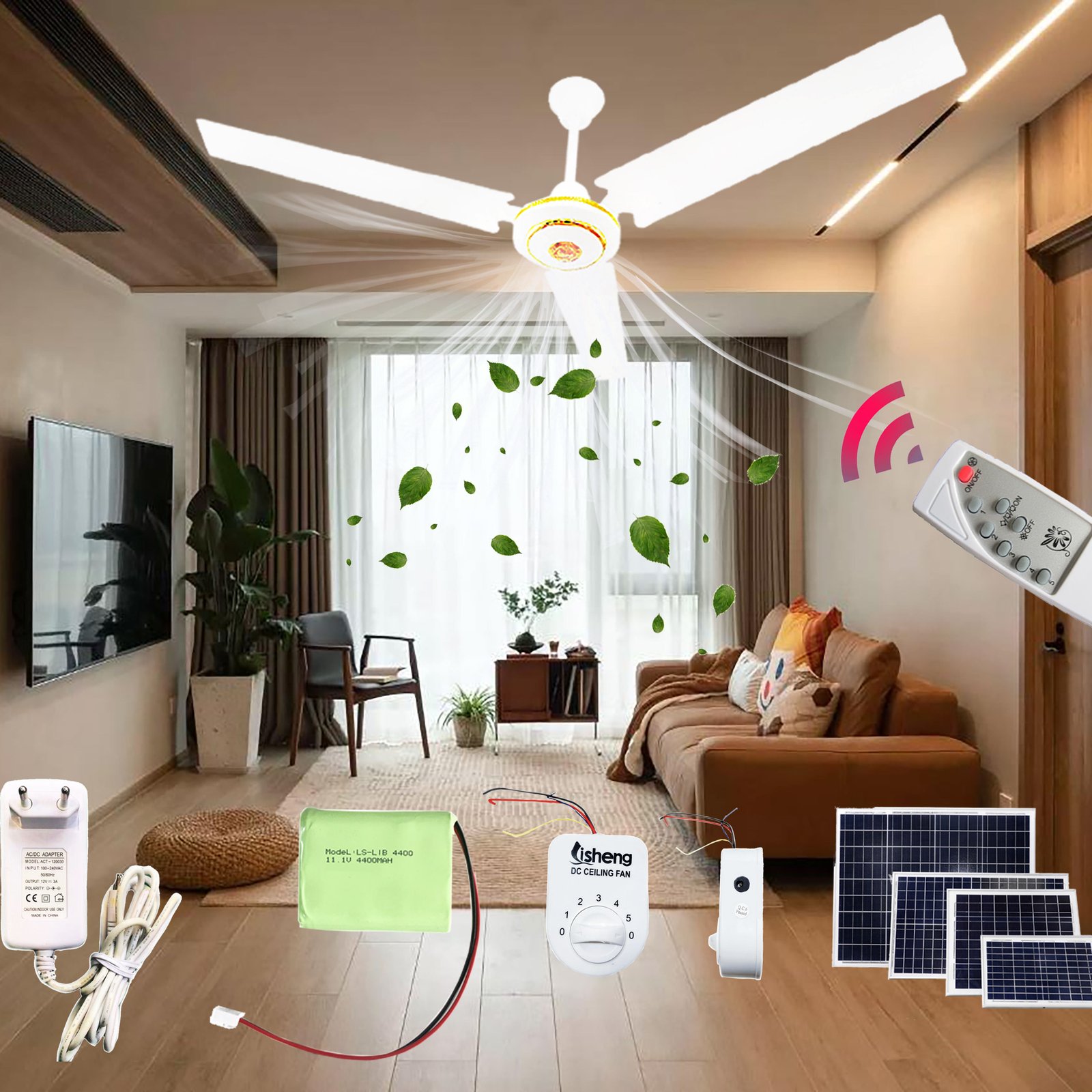 Rechargeable 12V Solar Ceiling Fan 56 Inch Ac/dc Charging Ceiling Fan Solar with Remote and Solar Panel