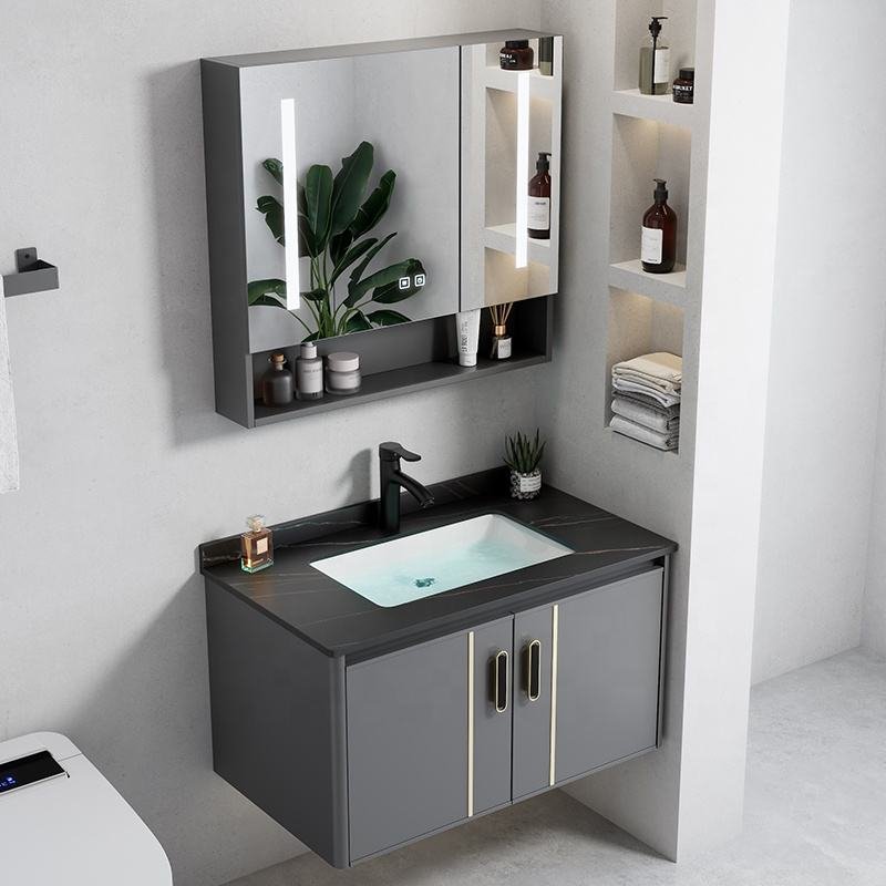 Cheap Modern Grey Painted Wall Mounted PVC Bathroom Vanity With Ceramic Basin