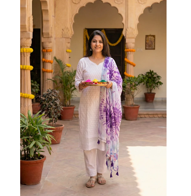 White Chikankari Kurta Set with Purple Tie Dye Dupatta for Women Embroidered Ethnic Cotton Suit