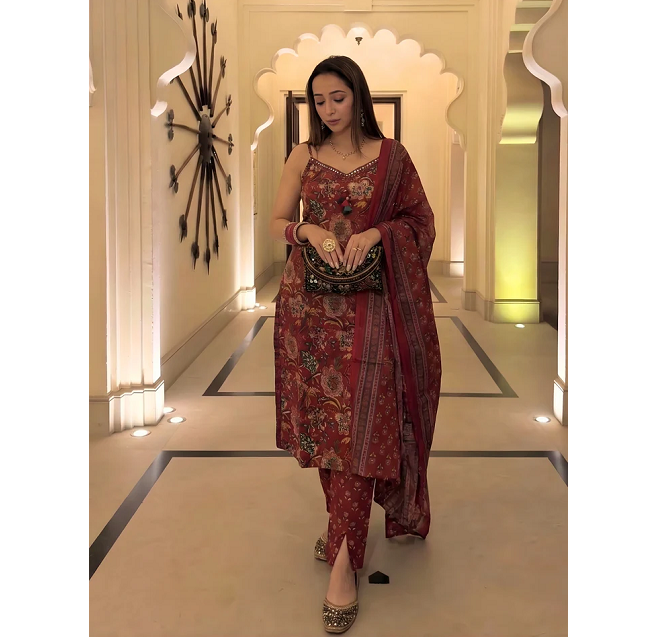 Maroon Floral Print Strappy Kurta Set with Stylish Ethnic Design Sleeveless Festive Casual Wear for Women