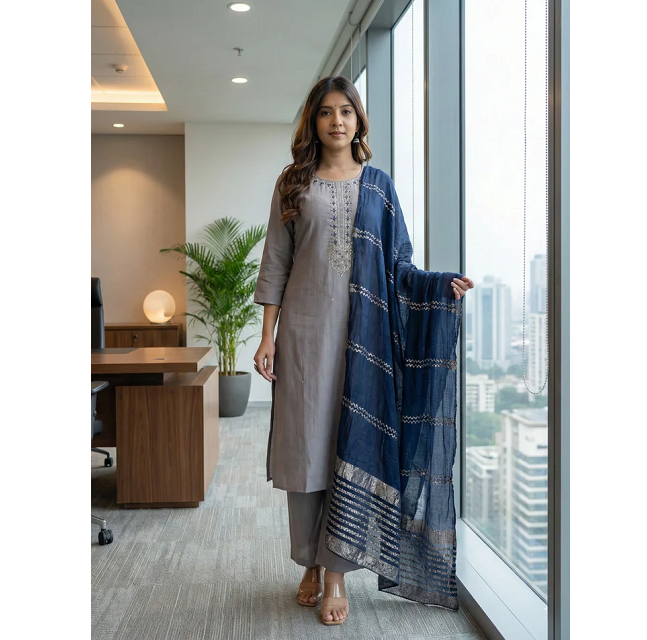 Steel Grey and Navy Blue Embroidered Straight Suit Set for Women Elegant Ethnic Festive Party Wear