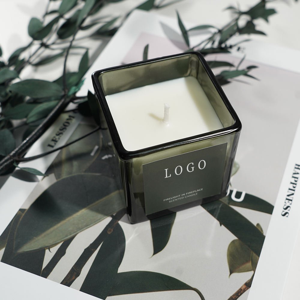 Wholesale Square Glass Candle Jar Applique Small Green Transparent Square Glass Jars for Scented Candle With Custom Lid