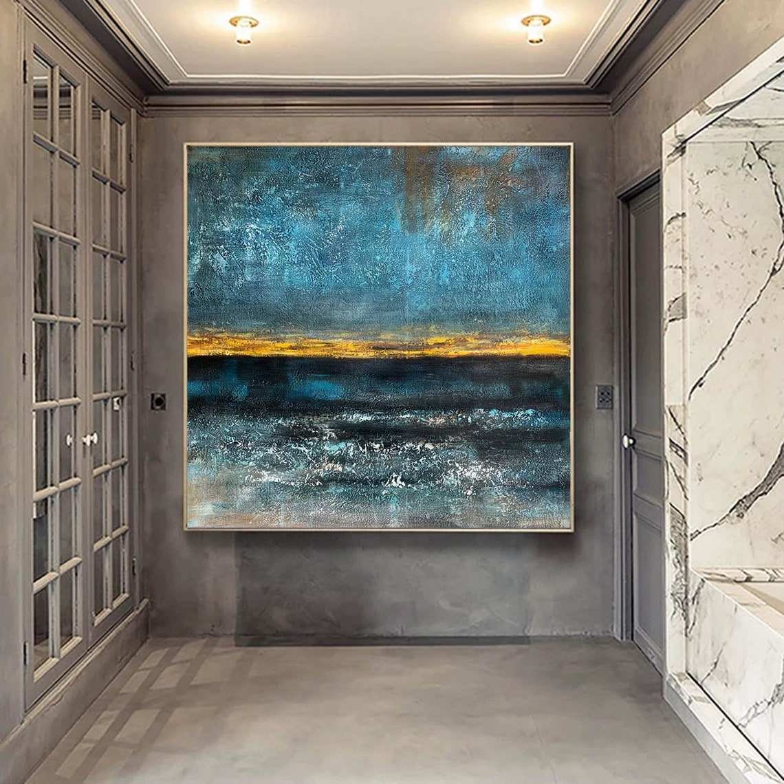 SQ Large Wall Art on Canvas Modern Abstract Painting Acrylic Blue Abstract Oil Painting for Living Room and Office Decor