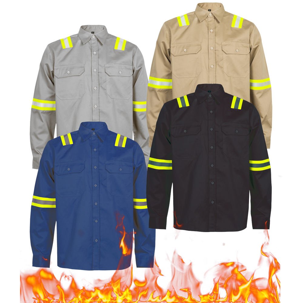 FR Shirt for Men Cat-2 Fire Resistant Shirt with High Visibility Reflective Tapes ATPV 8.7 Cal/cm² NFPA 70E & 2112 Compliant