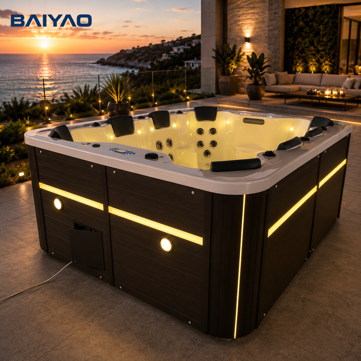 Outdoor Hot Tub Acrylic 8-Seat Jakuzzi With Powerful Massage Jets Spa LED Lighting & Ozone System Yacuzzi for Garden & Patio