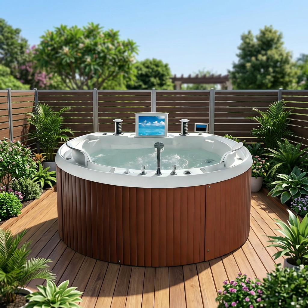 4-5 Persons Outdoor Hot Tub Surfing Bubble Bath Spa Freestanding Jacuzzier Acrylic Whirlpool Massage Bathtub With TV and Pillows