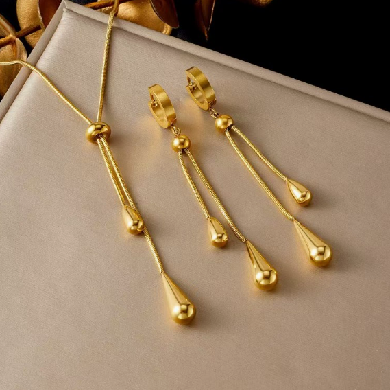 Women 18K Gold Plated Stainless Steel Jewelry Double Tassel Teardrop Snake Chain Hoop Earrings Waterdrop Pendant Necklace Set