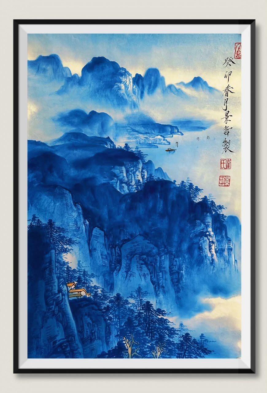 Chinese Mountain & River Scenery in Blue Porcelain Style