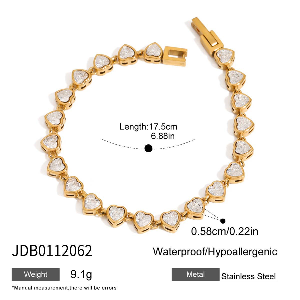 J&D Jewelry 18K PVD Gold Plating Stainless Steel Health Sport Heart Round Tennis Chain Bracelet