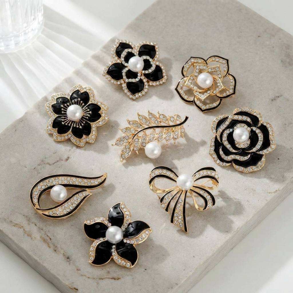 Bow Brooch Rhinestone Pearl Crystal Black Enamel Gold Tone Alloy Pin Luxury Women Bowknot Brooches Wholesale Broche Femme